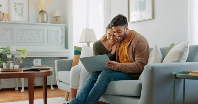 Laptop,,Living,Room,And,Couple,Search,Website,Information,For,Home