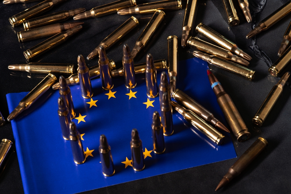 European,Union,Flag,Surrounded,By,Bullets,Symbol,Of,Defense,,Defence