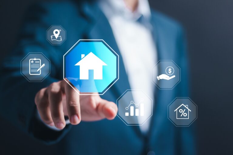 Real,Estate,Concept,,Businessman,Touching,Virtual,House,Icon,For,Analyzing