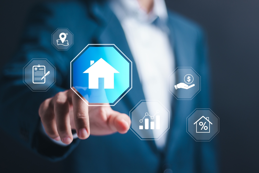 Real,Estate,Concept,,Businessman,Touching,Virtual,House,Icon,For,Analyzing