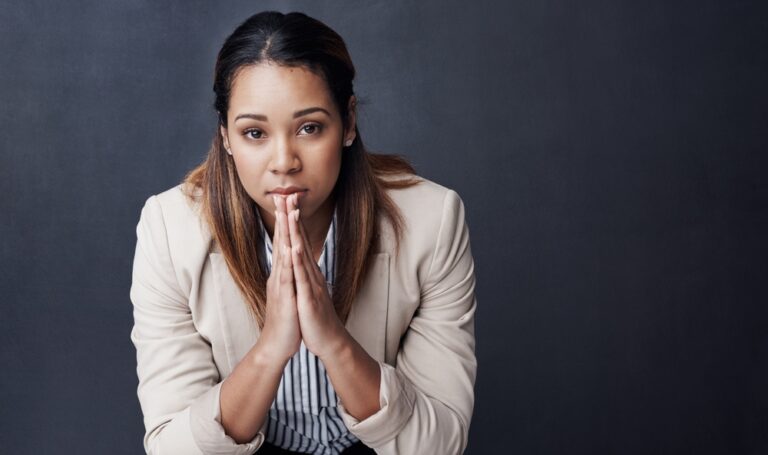 Business,Woman,,Sad,And,Prayer,Hands,In,Studio,For,Stress,
