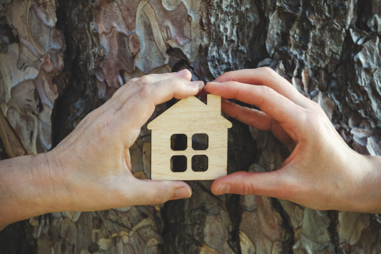 Family,Hands,Holding,Small,Wooden,House,Against,Old,Tree,Bark,