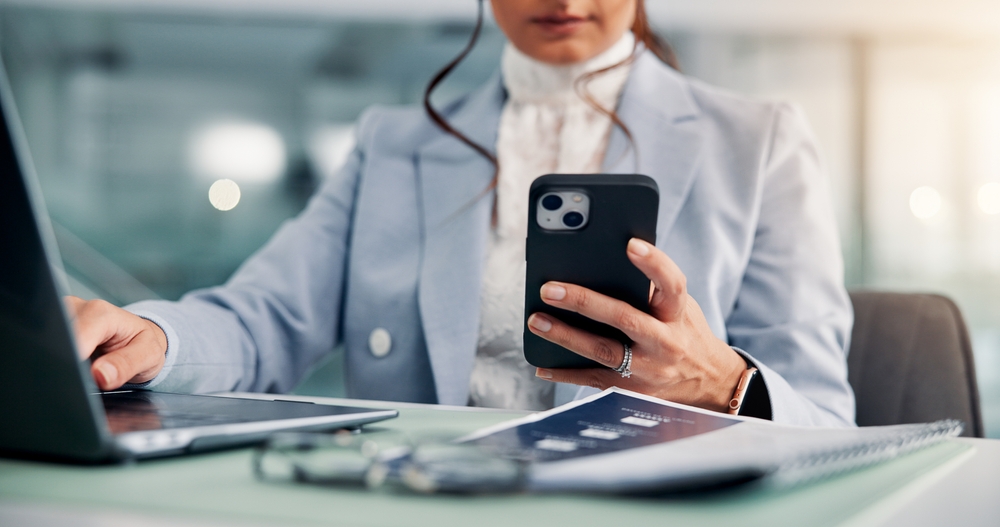 Hands,,Laptop,And,Business,Woman,With,Phone,For,Research,,Finance
