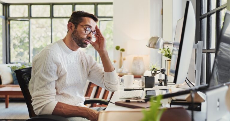 Tired,,Business,Man,And,Computer,In,Home,Office,For,Database