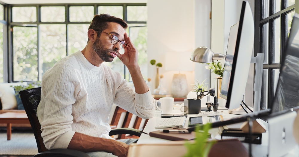 Tired,,Business,Man,And,Computer,In,Home,Office,For,Database