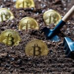 Planting,A,Gold,Bitcoin,Coins,Into,The,Ground,,Close,Up.