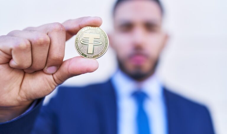 Young,Latin,Man,Business,Worker,Holding,Tether,Crypto,Currency,Over