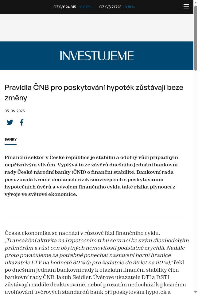 pravidla-cnb-pro-poskytovani-hypotek-zustavaji-beze-zmeny