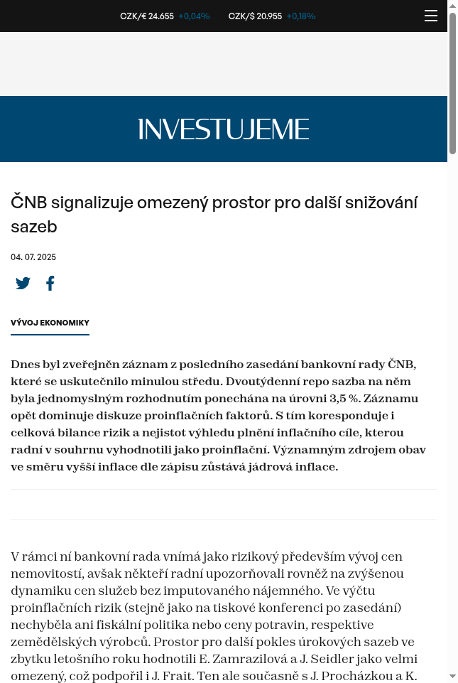 cnb-signalizuje-omezeny-prostor-pro-dalsi-snizovani-sazeb