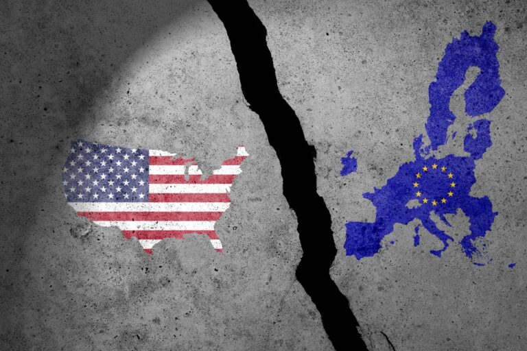 Usa,And,Eu,Flags,On,A,Concrete,Wall.,Usa,And