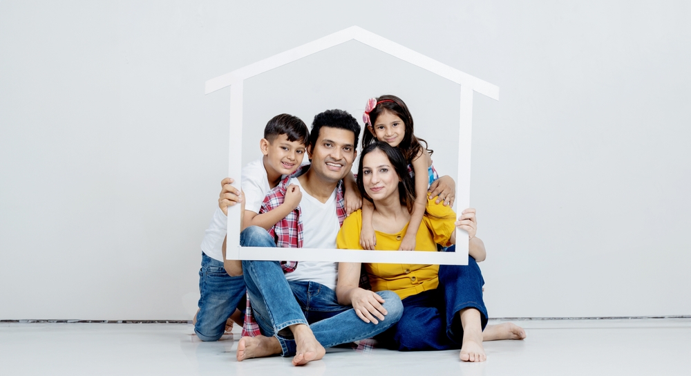 Roof,,Portrait,And,Happy,Family,With,Home,Sign,Board,While
