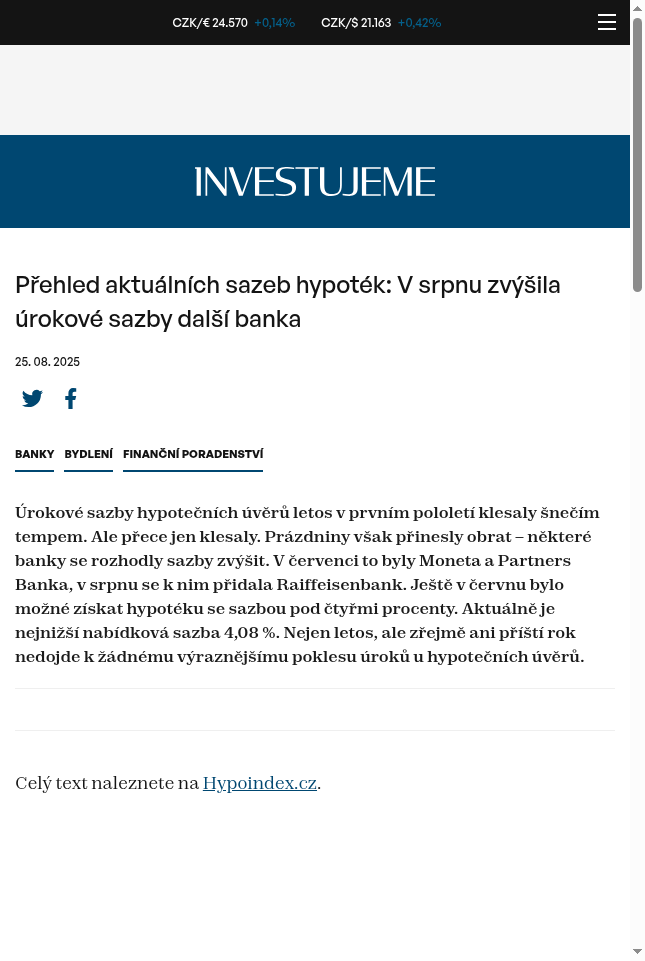 prehled-aktualnich-sazeb-hypotek-v-srpnu-zvysila-urokove-sazby-dalsi-banka