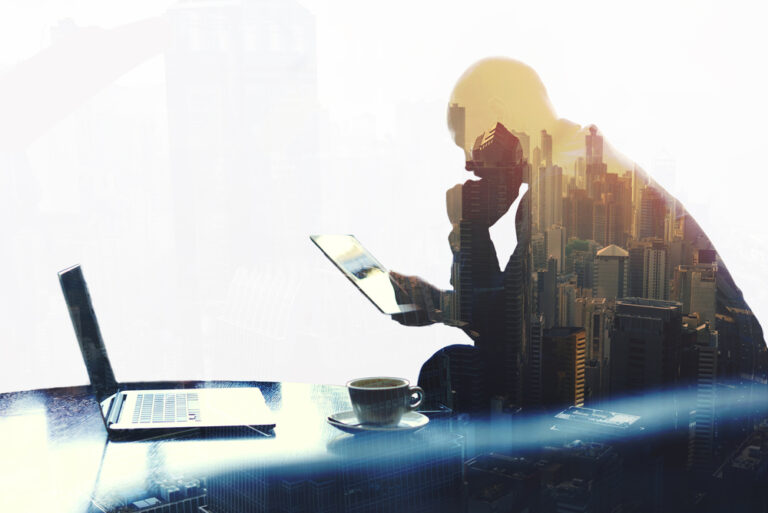 Double,Exposure,Silhouette,Of,Man,Skilled,Managing,Director,Is,Analyzing
