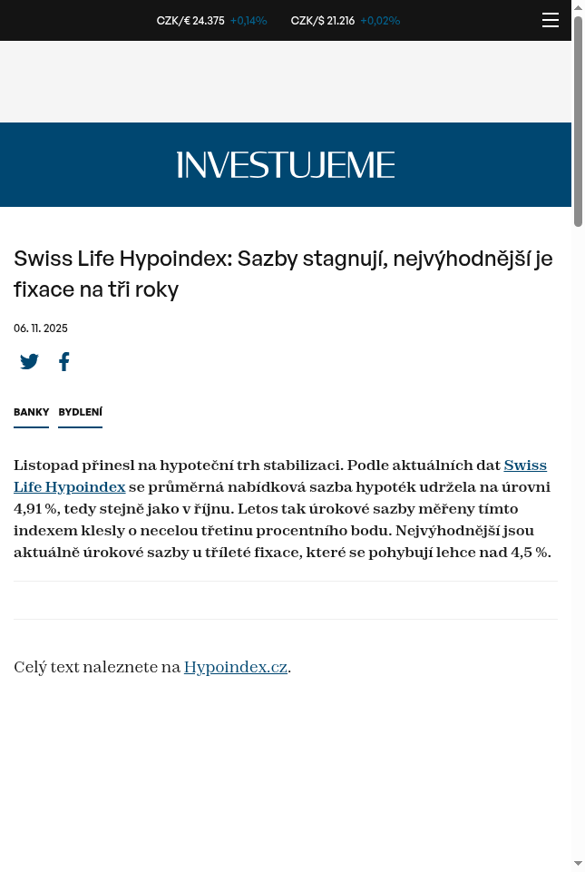 swiss-life-hypoindex-sazby-stagnuji-nejvyhodnejsi-je-fixace-na-tri-roky