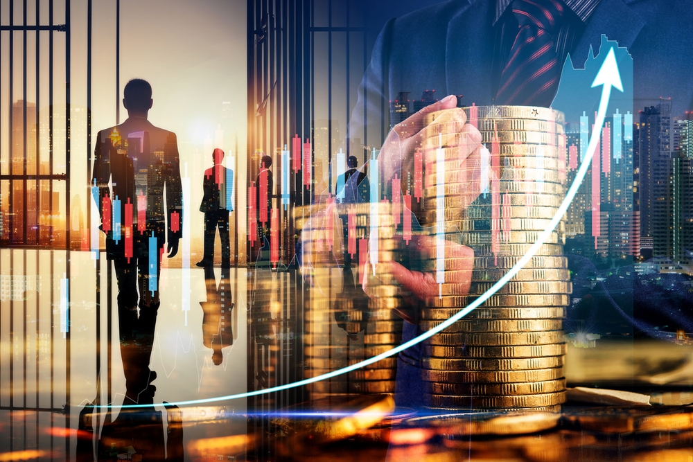 Double,Exposure,Of,Businessman,Man,And,Stack,Of,Coins,With