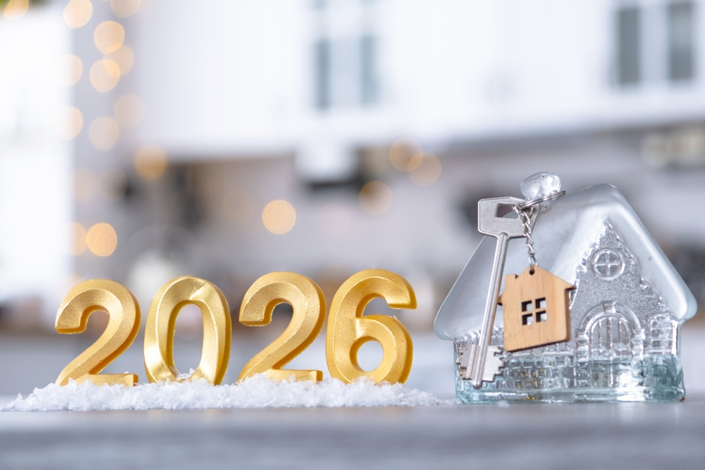 Golden,Number,2026,,Key,And,Tiny,Home,On,Background,Of