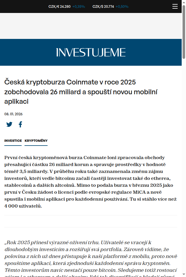 ceska-kryptoburza-coinmate-v-roce-2025-zobchodovala-26-miliard-a-spousti-novou-mobilni-aplikaci