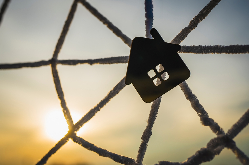 Silhouette,Of,A,House,Trapped,In,A,Spider,Web,Against