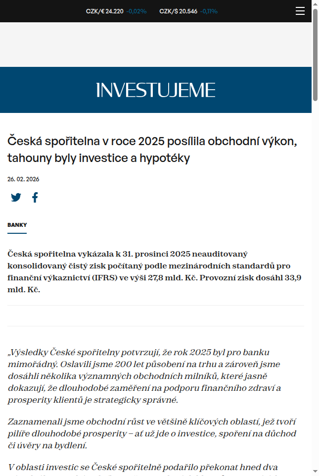 ceska-sporitelna-v-roce-2025-posilila-obchodni-vykon-tahouny-byly-investice-a-hypoteky