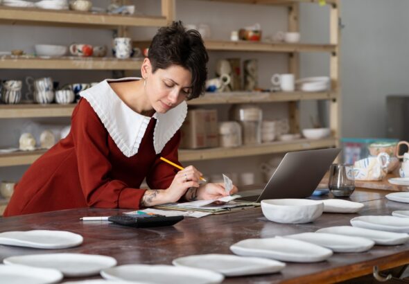 Young,Woman,Talented,Master,Potter,Run,Pottery,Business,,Focused,Busty