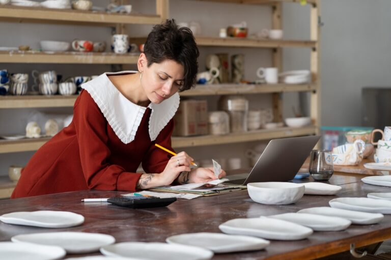 Young,Woman,Talented,Master,Potter,Run,Pottery,Business,,Focused,Busty