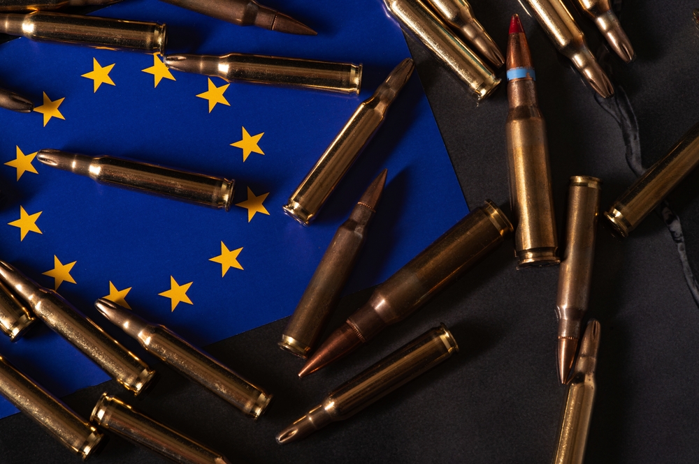 European,Union,Flag,Surrounded,By,Bullets,Symbol,Of,Defense,,Defence