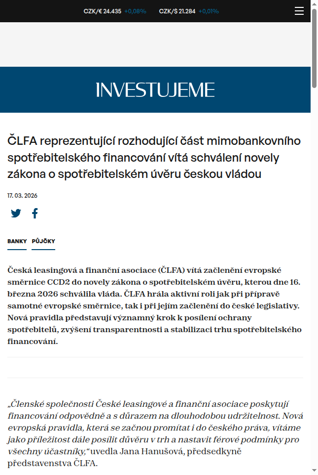 clfa-reprezentujici-rozhodujici-cast-mimobankovniho-spotrebitelskeho-financovani-vita-schvaleni-novely-zakona-o-spotrebitelskem-uveru-ceskou-vladou
