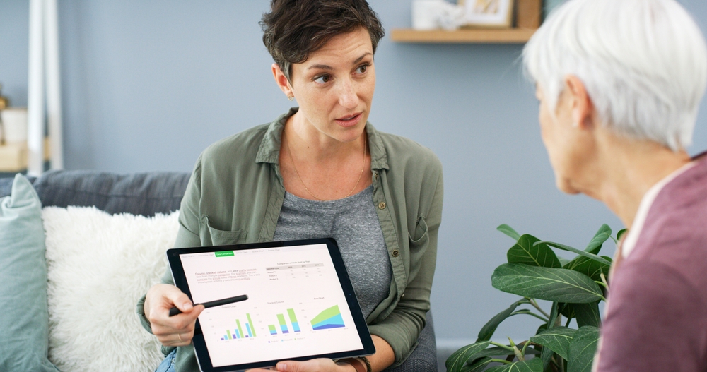 Senior,Woman,,Tablet,And,Financial,Advisor,In,Home,With,Charts,