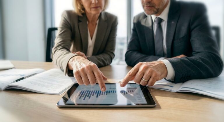 Business,Professionals,Analyzing,Financial,Data,On,Tablet:,Close-up,Of,Corporate