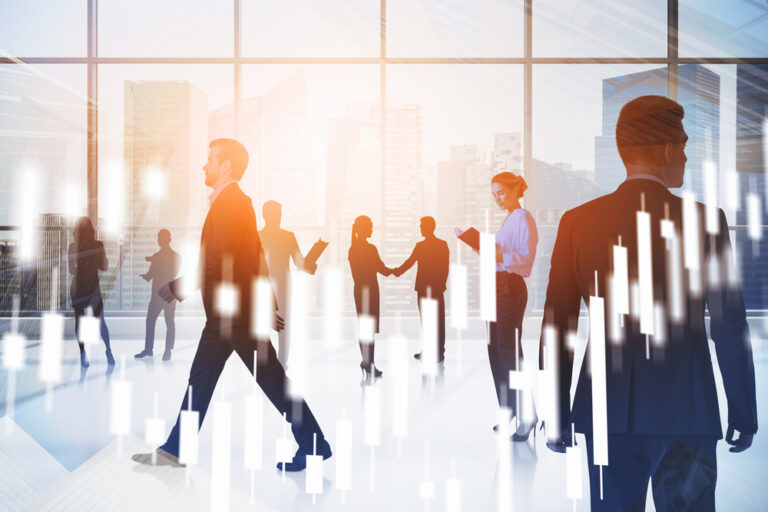 Crowded,Office.,People,Are,Walking,By.,Financial,Services,And,Stock