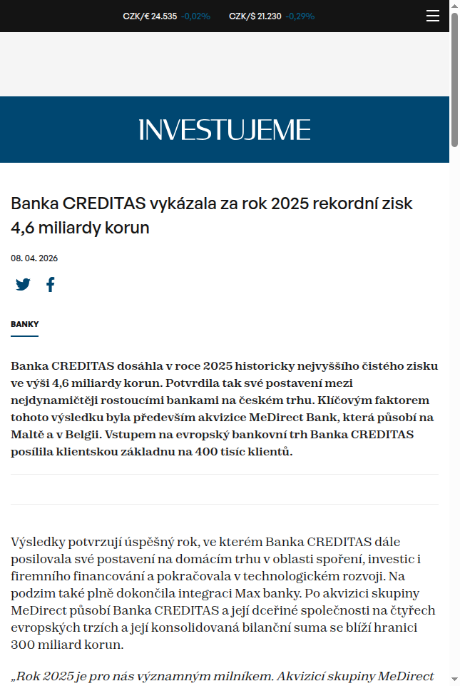 banka-creditas-vykazala-za-rok-2025-rekordni-zisk-4-6-miliardy-korun