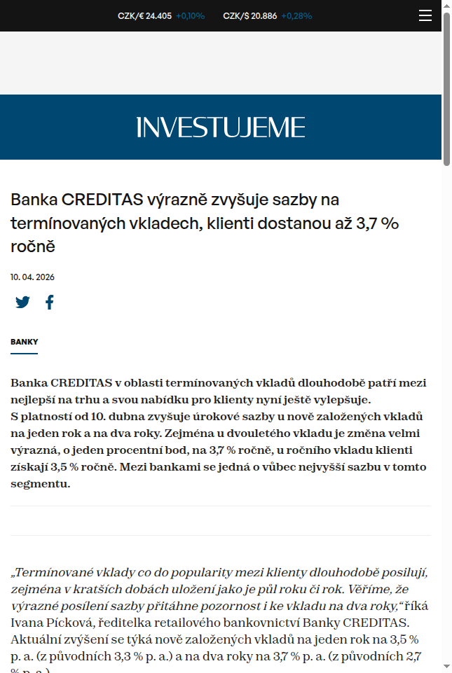 banka-creditas-vyrazne-zvysuje-sazby-na-terminovanych-vkladech-klienti-dostanou-az-3-7-rocne