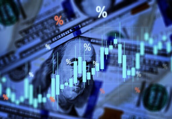 Us,Tarifs,,Dollar,And,Candlestick,Chart,Overlay,On,Banknotes,,Rising