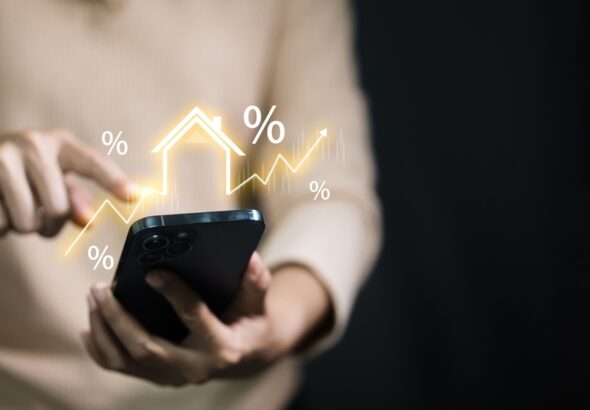 Smartphone,Users,Display,Glowing,House,Symbols,And,Percentages,,Representing,Mortgage
