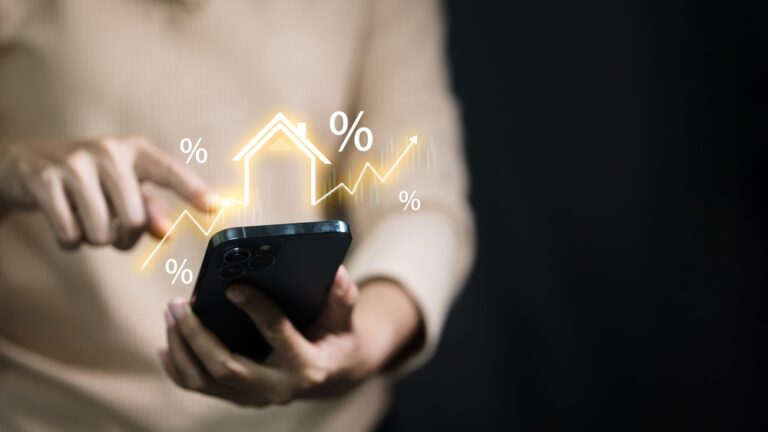 Smartphone,Users,Display,Glowing,House,Symbols,And,Percentages,,Representing,Mortgage