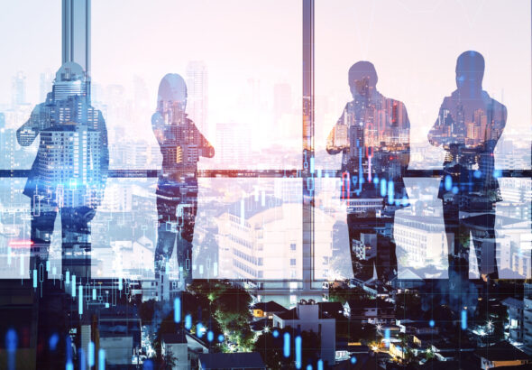 Colleages,Standing,On,Abstract,Illuminated,City,Background,With,Forex,Chart.