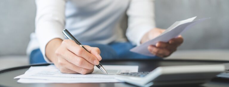 Deduction,Planning,Concept,,Woman,Hand,Writing,Report,Account,From,Bill
