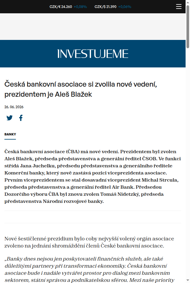 ceska-bankovni-asociace-si-zvolila-nove-vedeni-prezidentem-je-ales-blazek