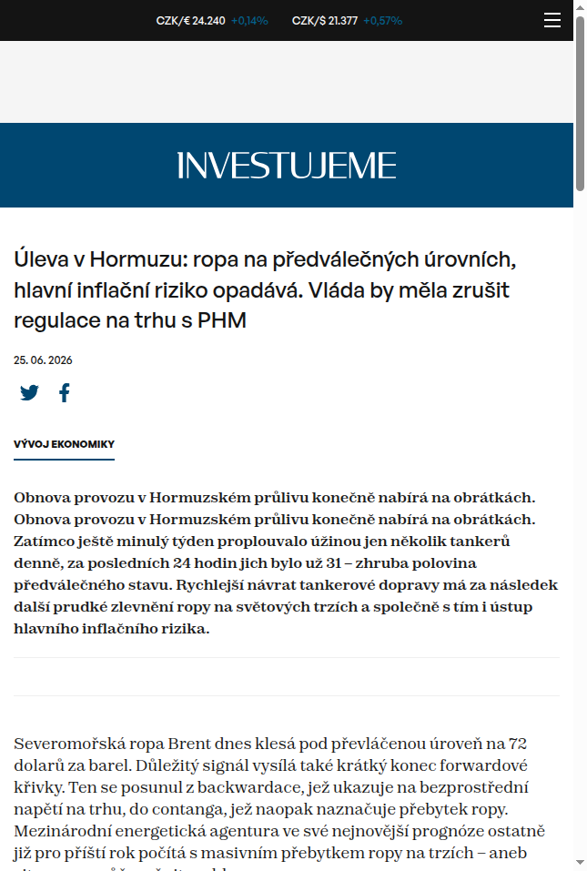 uleva-v-hormuzu-ropa-na-predvalecnych-urovnich-hlavni-inflacni-riziko-opadava-vlada-by-mela-zrusit-regulace-na-trhu-s-phm