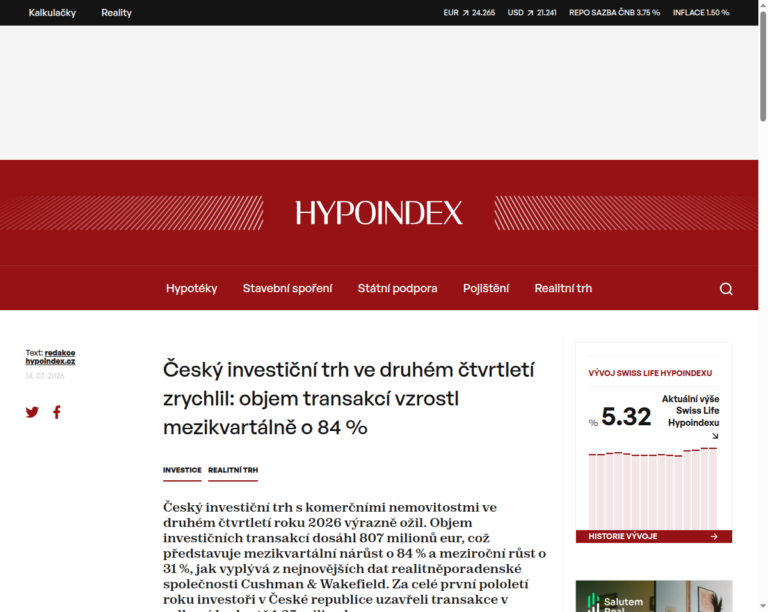 cesky-investicni-trh-ve-druhem-ctvrtleti-zrychlil-objem-transakci-vzrostl-mezikvartalne-o-84