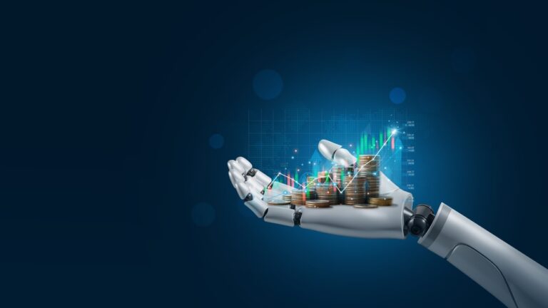 Ai(artificial,Intelligence),And,Financial,Technology,Concept.robot,Hand,Holding,Stacking,Pile