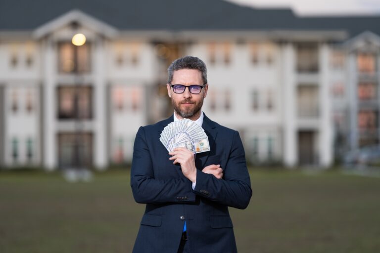 Successful,Realtor,In,Suit,With,Money,Dollar.,House,Owner,Hold