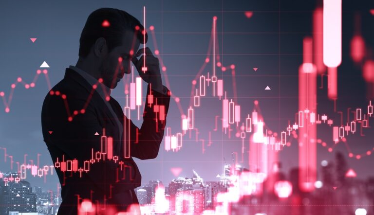 Silhouette,Of,Stressed,Man,Against,Red,Market,Chart,In,Clean