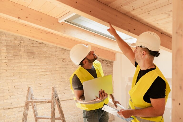 Two,Male,Construction,Workers,Using,Laptop,Inspecting,Wooden,Beams,In