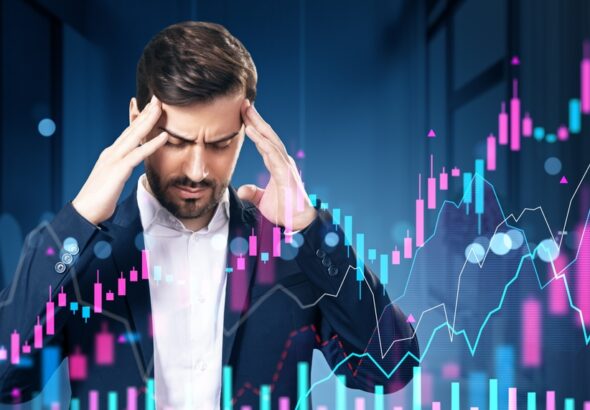 Businessman,Stressed,With,Hands,On,Head,In,Office,,Digital,Holographic