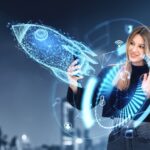 Woman,Interacting,With,A,Virtual,Rocket,Hologram,On,A,Cityscape