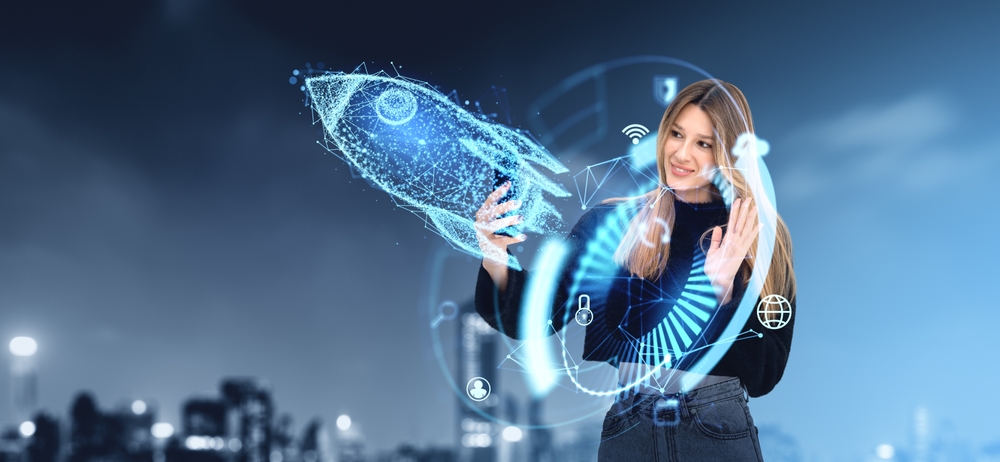 Woman,Interacting,With,A,Virtual,Rocket,Hologram,On,A,Cityscape