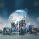 Stacking,Coins,And,Virtual,Globe,With,Stock,Market,Graph,,Upward