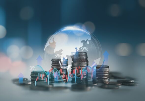 Stacking,Coins,And,Virtual,Globe,With,Stock,Market,Graph,,Upward