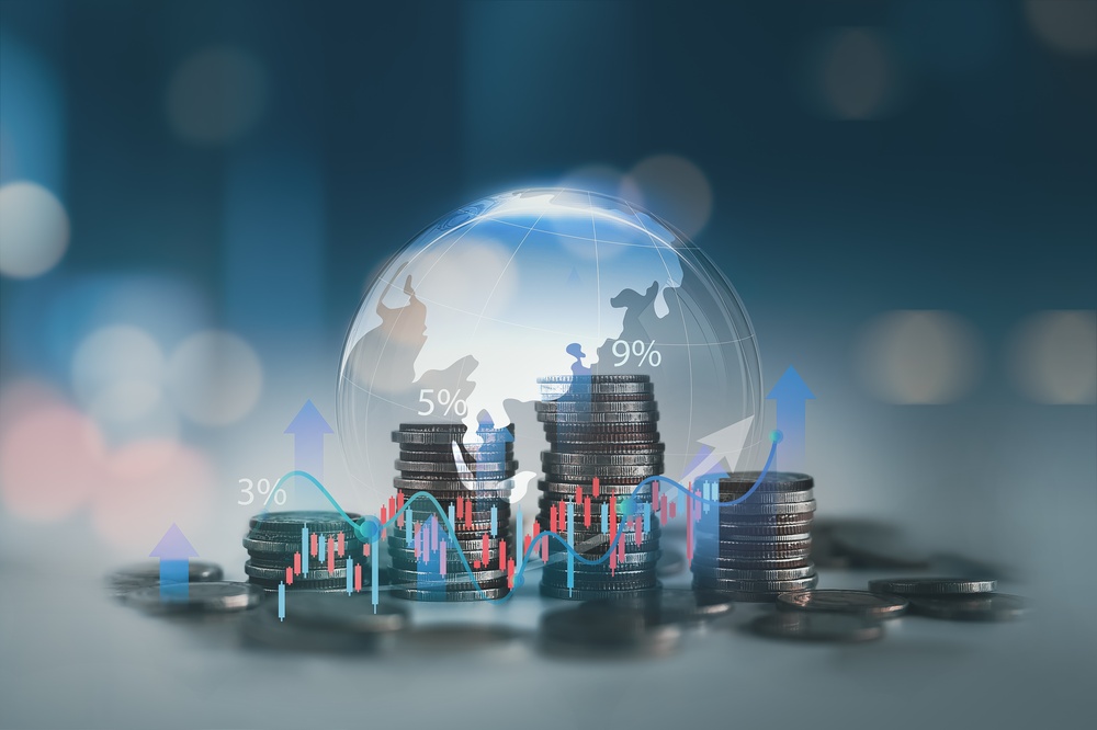 Stacking,Coins,And,Virtual,Globe,With,Stock,Market,Graph,,Upward